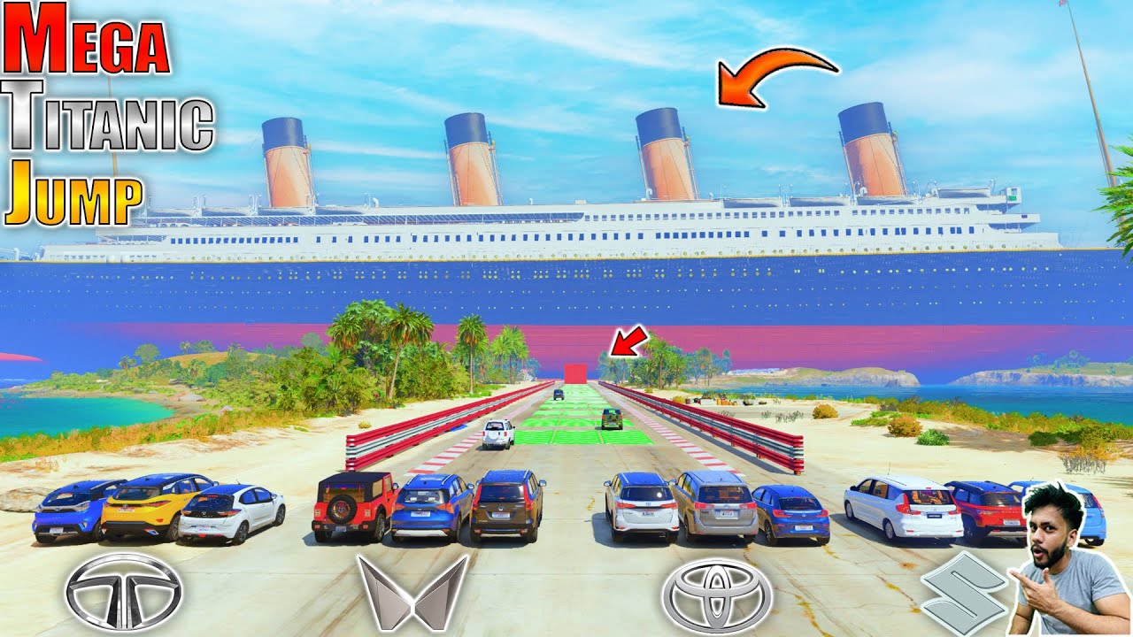 GTA 5 Toyota Vs Suzuki Vs Mahindra Vs Tata Cars Monster Titanic Jump