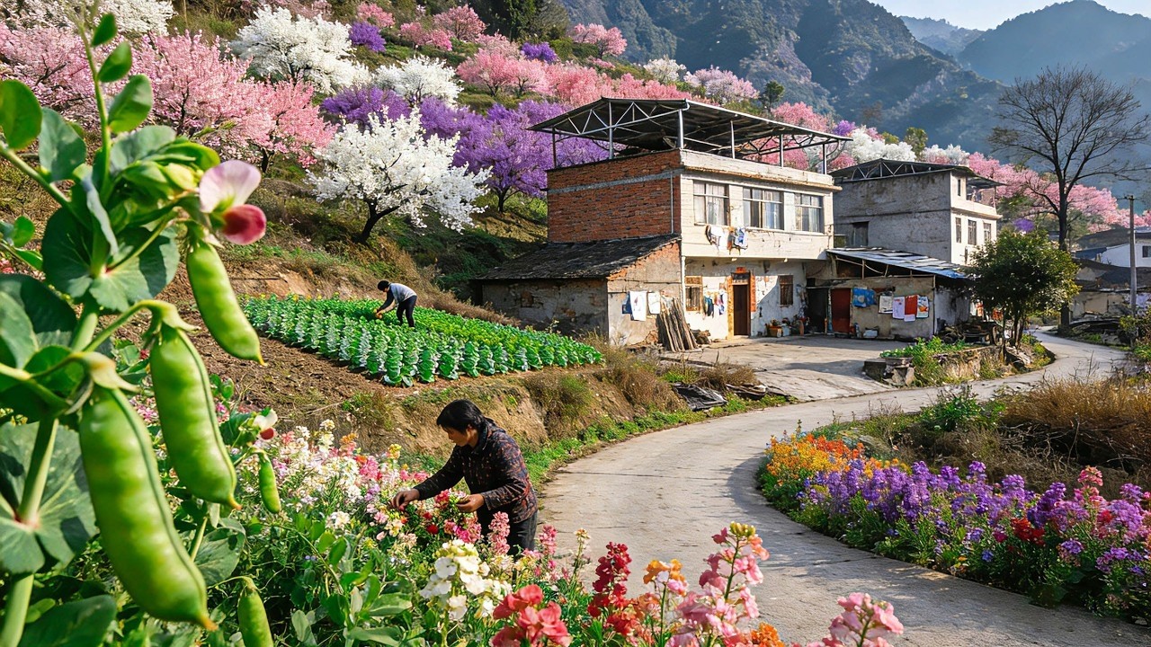 Hidden Chinese Mountain Village Spring Walk | Peach Blossoms & Fresh Broad Beans