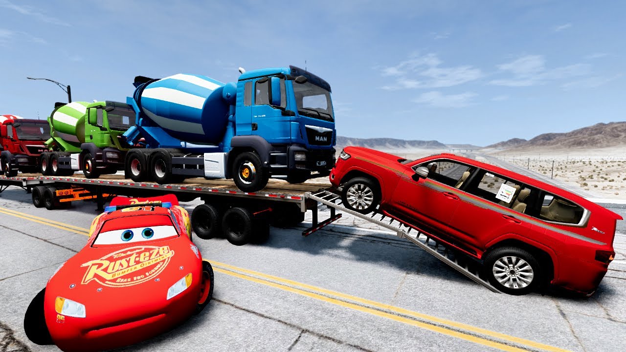 Flatbed Truck Mcqueen  Transportation with Truck   Pothole vs Car #16  BeamNG Drive 2