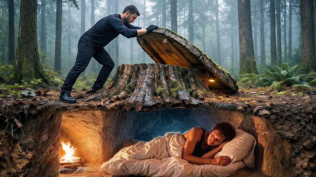 Secret Dungeon in a Tree Stump. Building a Dugout for Survival in a Dense Forest 🏡  Bushcraft. FULL