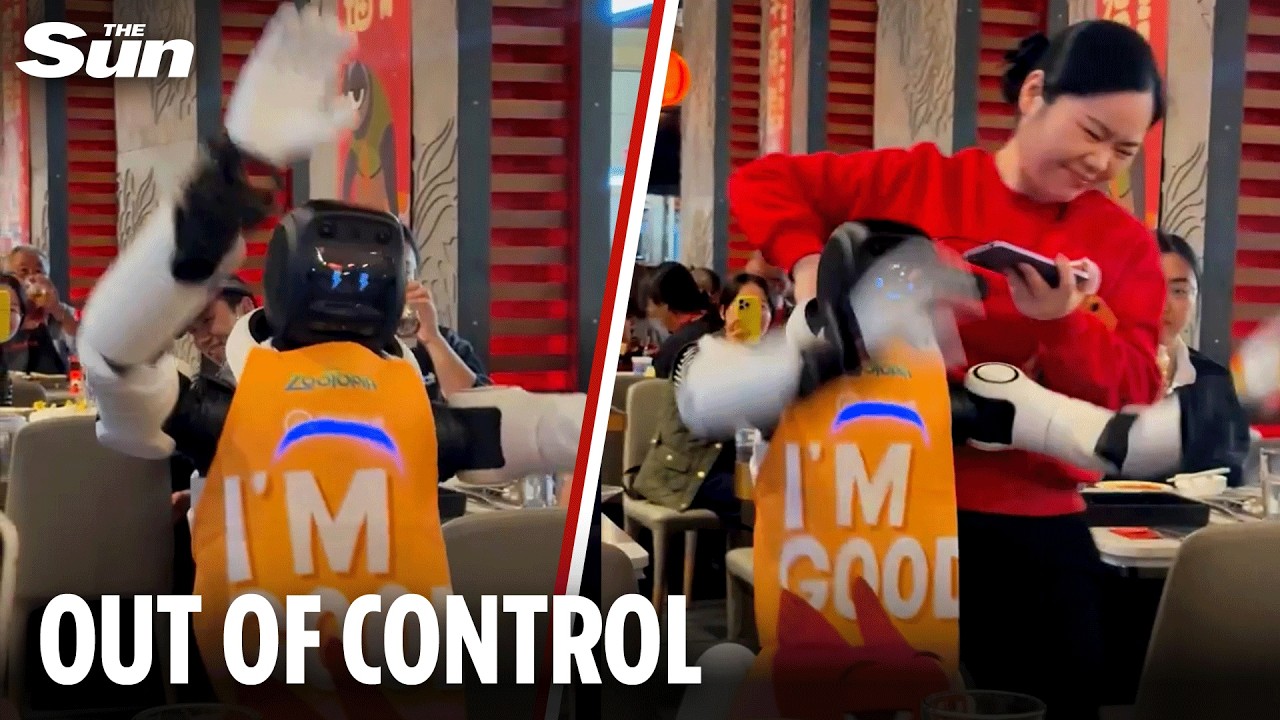 Shocking moment robot starts smashing food & throwing cutlery around restaurant
