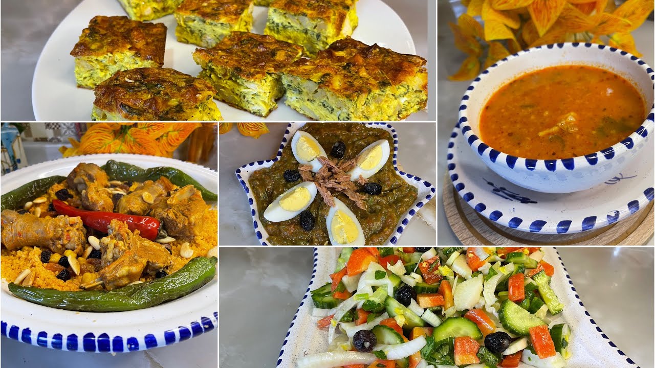 طاولة ليلة النصف من رمضان 🌙شربة بالعلوش طاجين دجاج كسكسي بالزبيب و اللحم سلاطة تونسية سلاطة خضراء 🕌