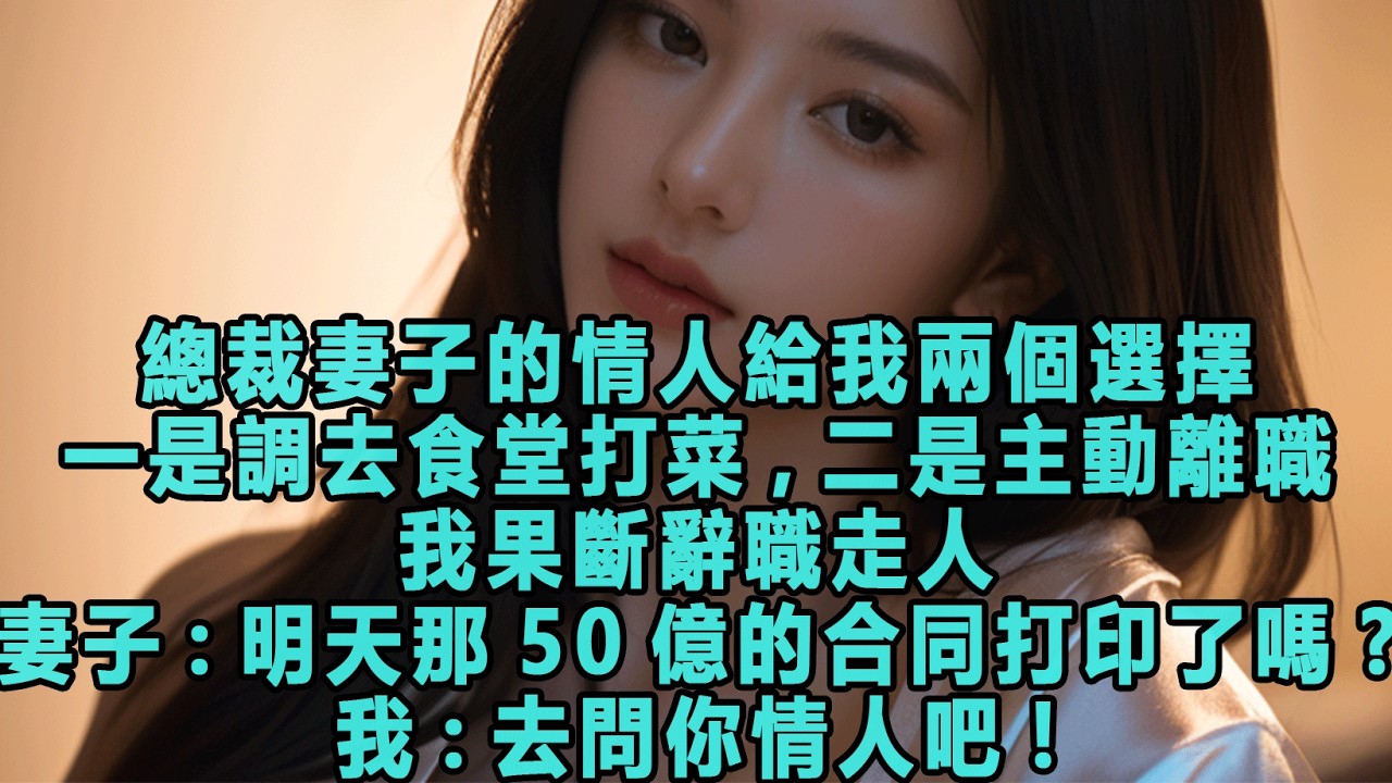 總裁妻子的情人給我兩個選擇，一是調去食堂打菜，二是主動離職，我果斷辭職走人，妻子：明天那50億的合同打印了嗎，我：“去問你情人吧”#出軌小說 #愛情故事 #白月光 #幸福人生
