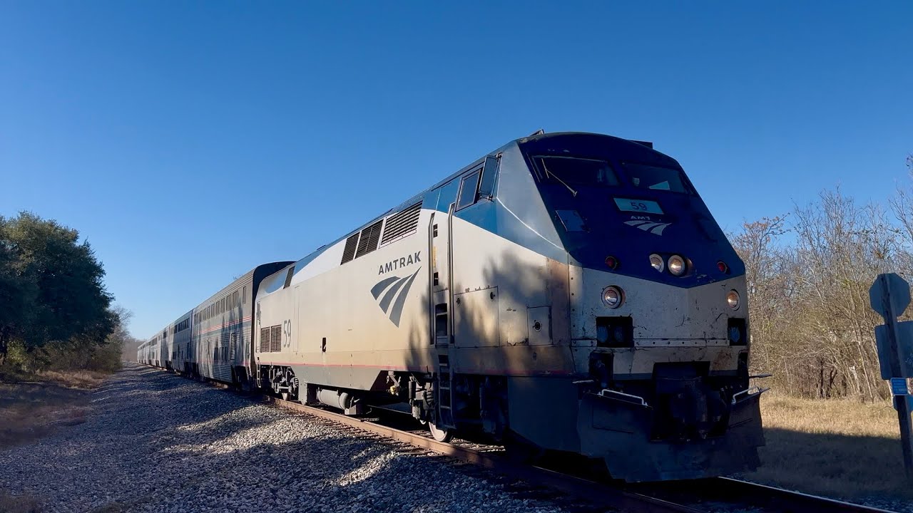 [Phase VII Superliner!] Amtrak P42DC 59 Leads The Texas Eagle 22 Train In Rural South Austin, Texas