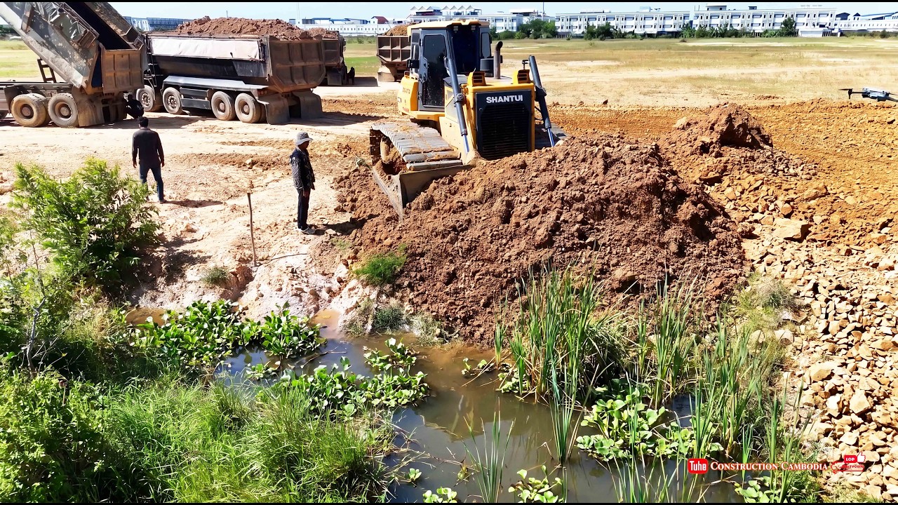 Amazing Start of a Massive Flood Landfill Project! Skills Dozer Pushing Soil & Hyundai Dump Trucks