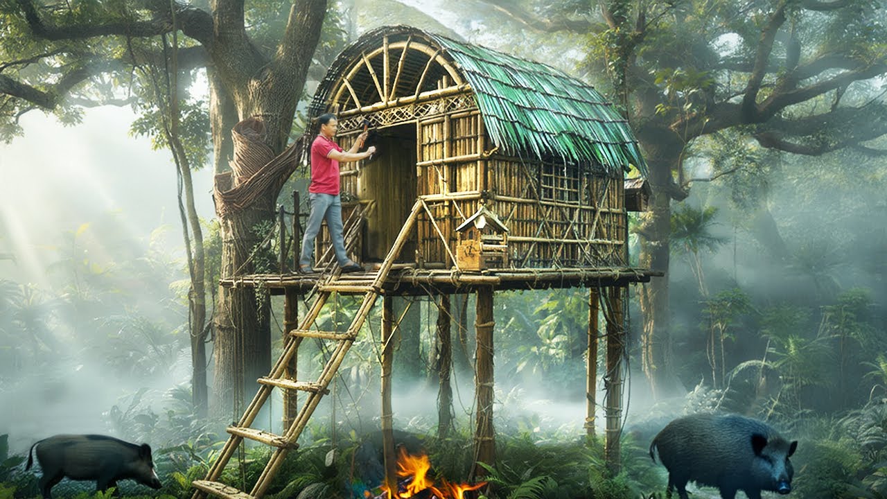 How I Built A Bamboo Tree House In The Jungle  Survival DIY Cabin Build
