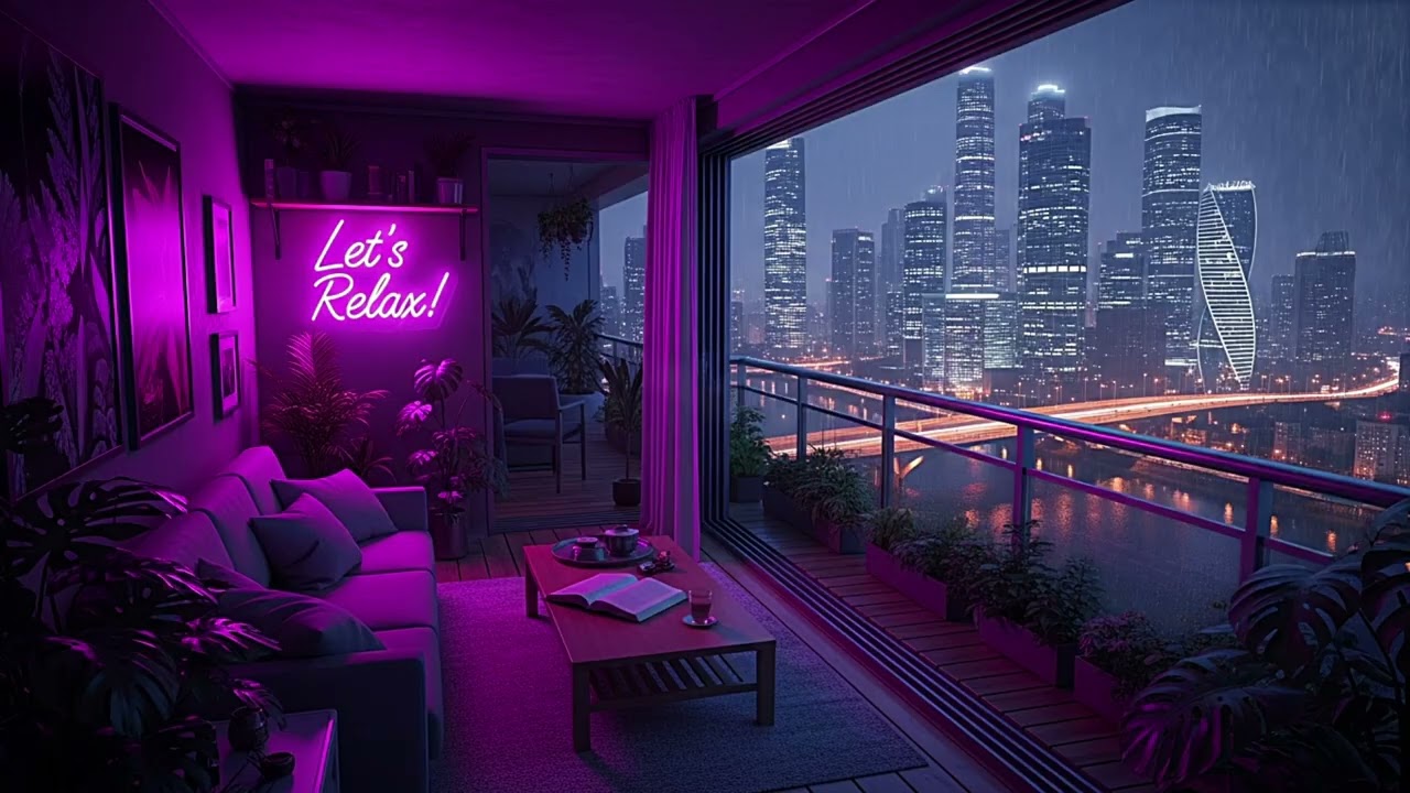Night Balcony Lofi Hip Hop Radio ☕ Neon Rain City Ambience ☔️ Lofi Chill for Focus, Study & Unwind