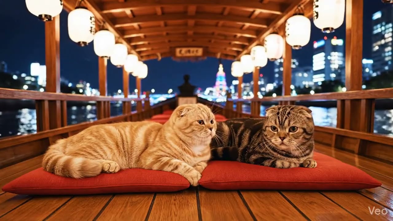 夜の屋形船でくつろぐ猫たち｜提灯に包まれる癒しの時間