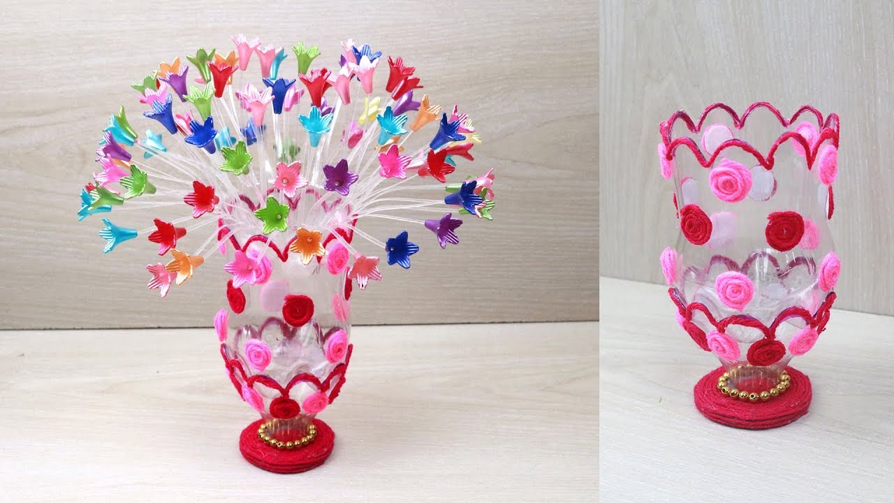 Plastic Bottle Flower Vase Craft - woolen craft - Water Bottle Recycle Flower Vase - Home Decor idea