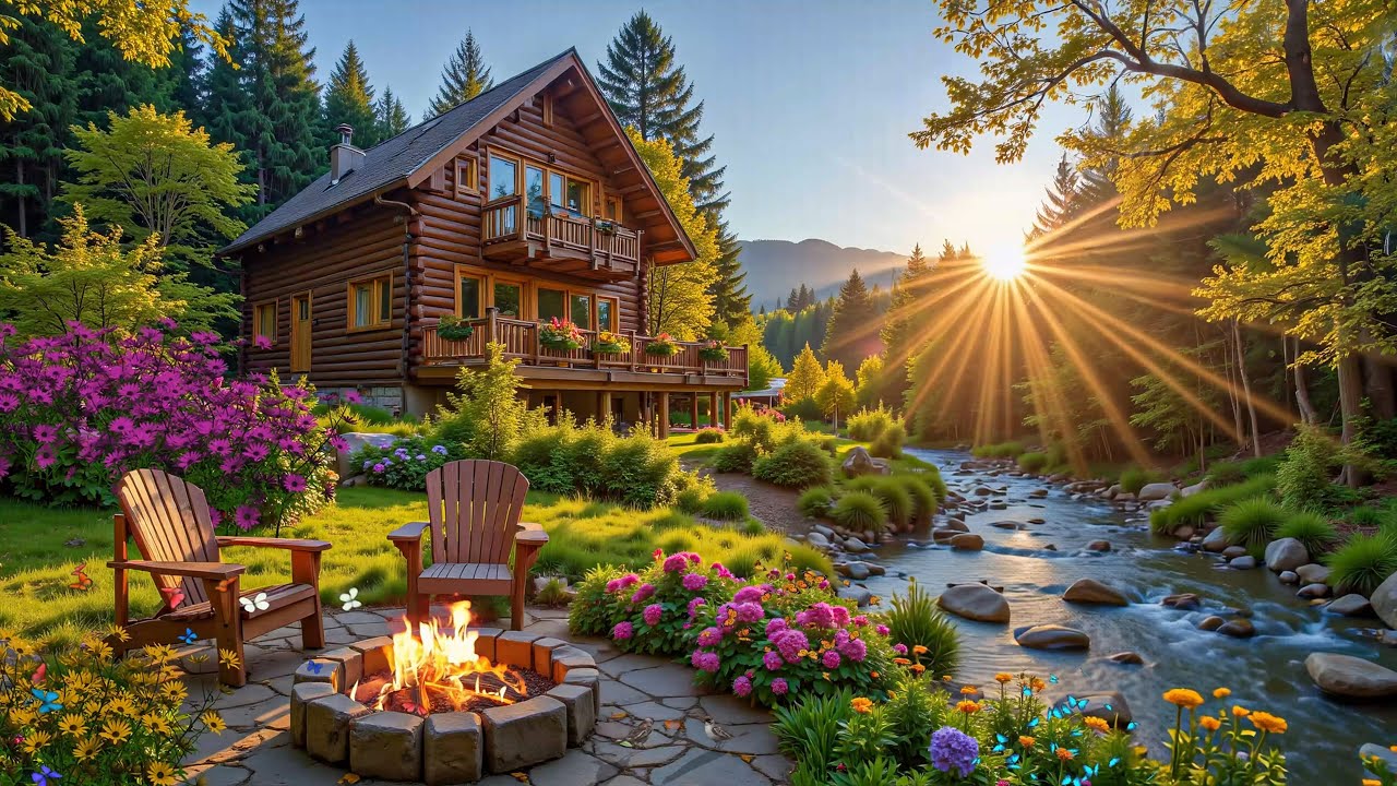 Cozy Piano Music Riverside Porch in Spring Woods 🌺🔥 Crackling Campfire & Nature Sounds Ambience