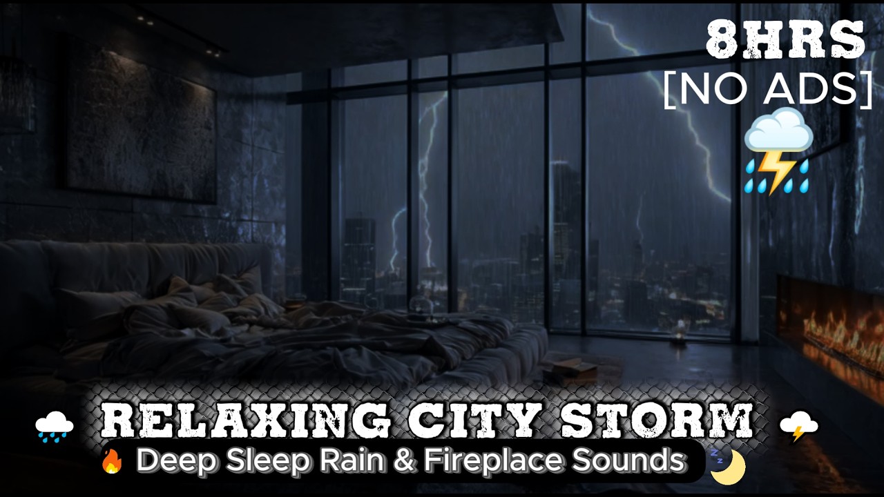 🌧️ Relaxing City Storm 🌩️ | 🔥 Deep Sleep Rain & Fireplace Sounds