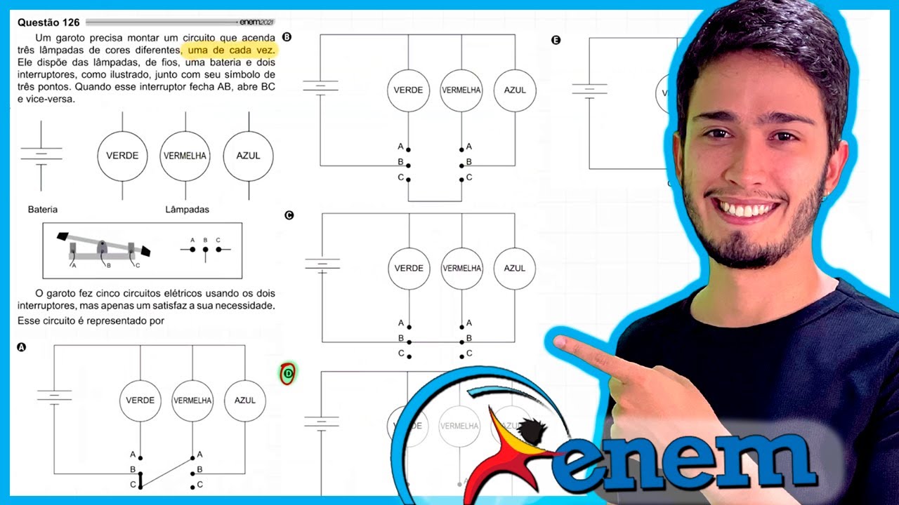 ENEM 2021 - Um garoto precisa montar um circuito que acenda três lâmpadas de cores diferentes, uma d