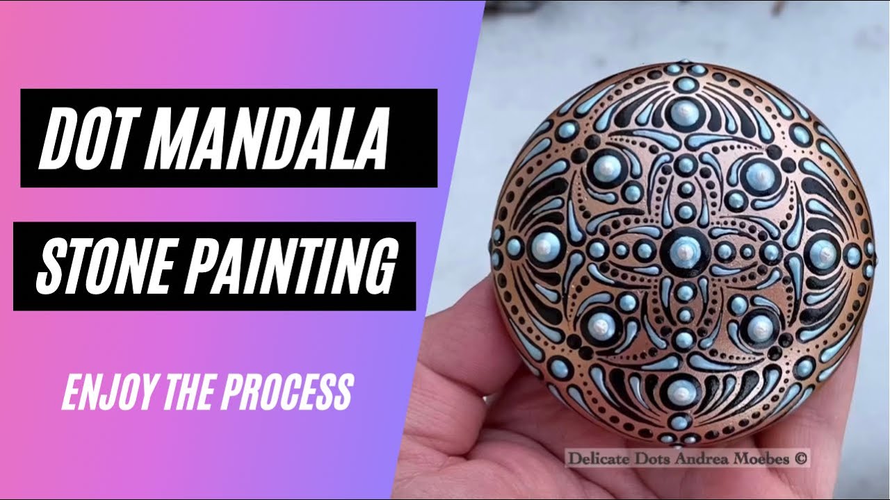 Abstract Metallic dot mandala stone painting oh rose gold.