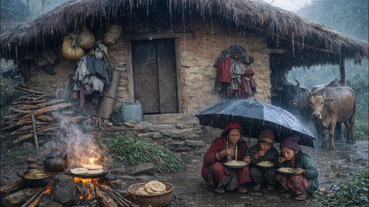 Nepali mountain village Life shepherd Life rainy day Organic shepherd food Real village hard Life