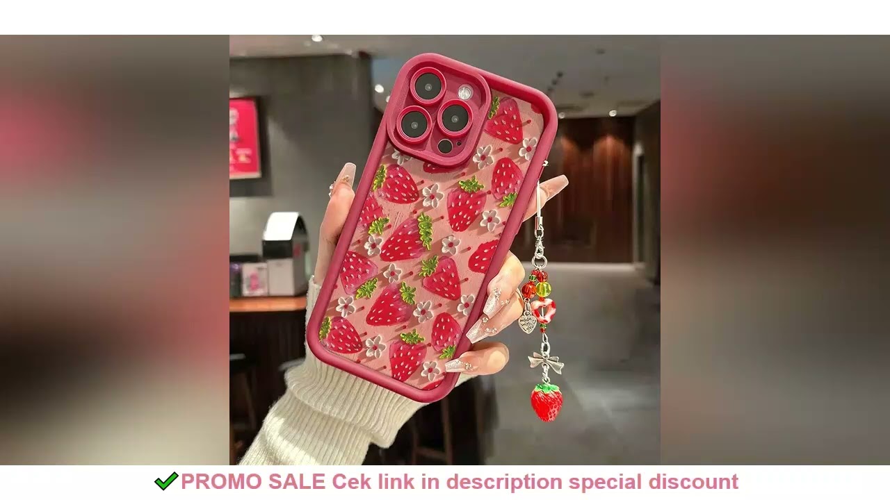 Flower Strawberry Painting Pendant Chain Phone Case For iPhone 17 16 15 14 13 12 11 Pro Max 16E XS X