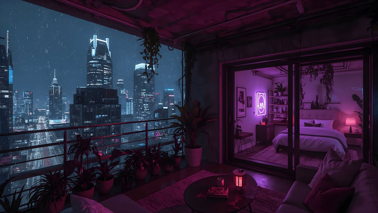 Shibuya After Dark – Balcony Rain Ambience & Warm Bedroom Glow | 4K