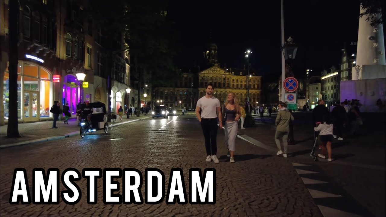 🇳🇱 Walk on Dam Square Area in Amsterdam 4K Night Walking Tour of the Bustling City Center