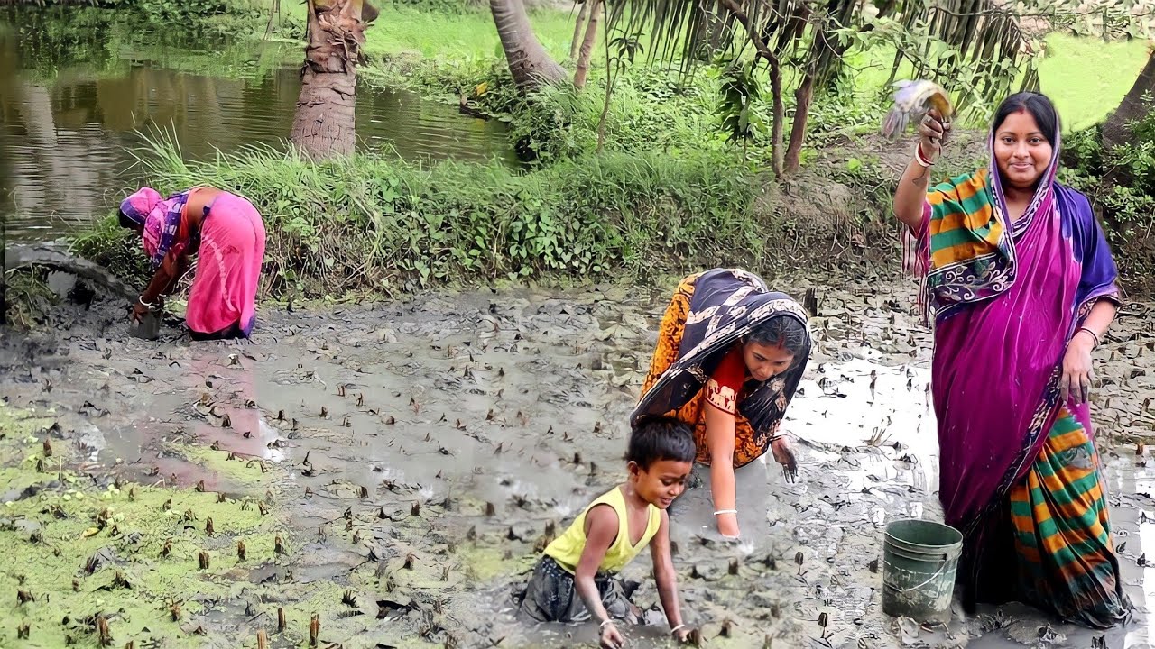 জমিতে কাদায় নেমে মাছ ধরে আজ রান্না করলাম লাউশাকের ঘন্ট আর কৈমাছ ভাপা || village fishing & cooking