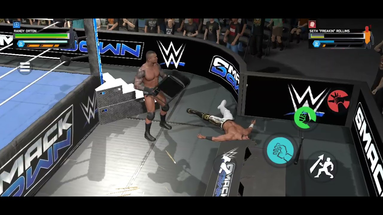 WWE Randy orton reverses stomp by Seth Rollins into RKO
