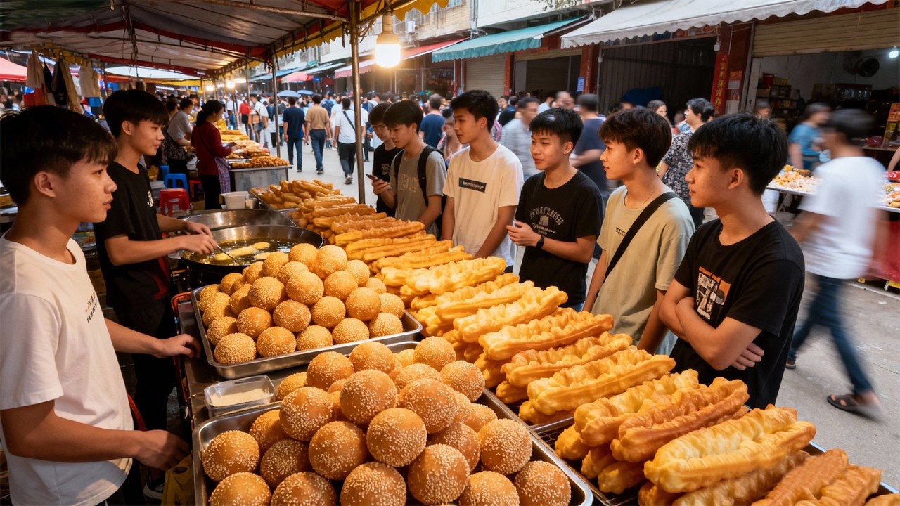 中国桂林超级热闹的大早市，桂林米粉超级便宜、抽屉肠粉大受欢迎、盐焗鸡与白切鸡、炭烤猪肉脯、裹满芝麻的麻圆、香甜酥脆的南瓜饼、恭城油茶、松糕、蛋饺、锅烧、乾隆铁板鸭、松花糖、现场制作花生糖，令人惊叹！