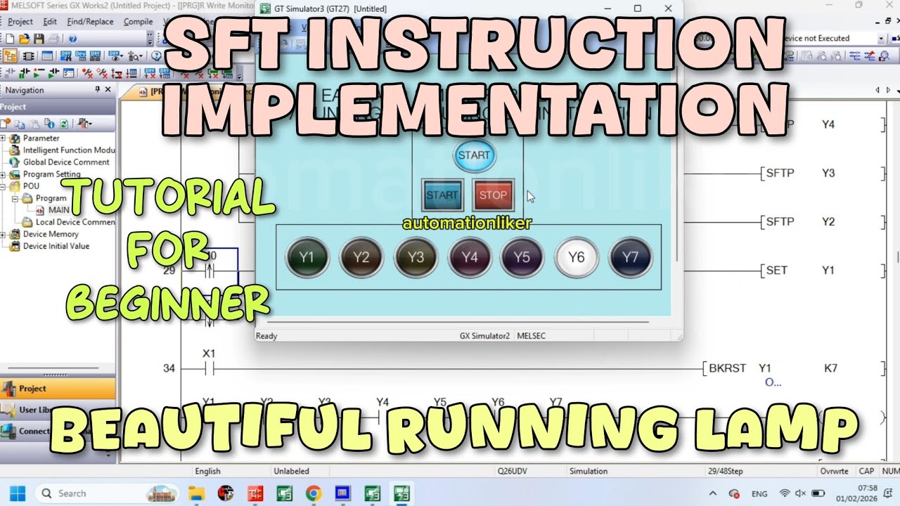 SFT Instruction Implementation : Beautiful Running lamp Mitsubishi PLC tutorial For Beginner