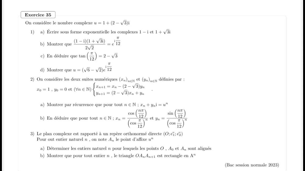 📘 Exercice de nombres complexes – 2 Bac Sciences Mathématiques (Session normale 2023)