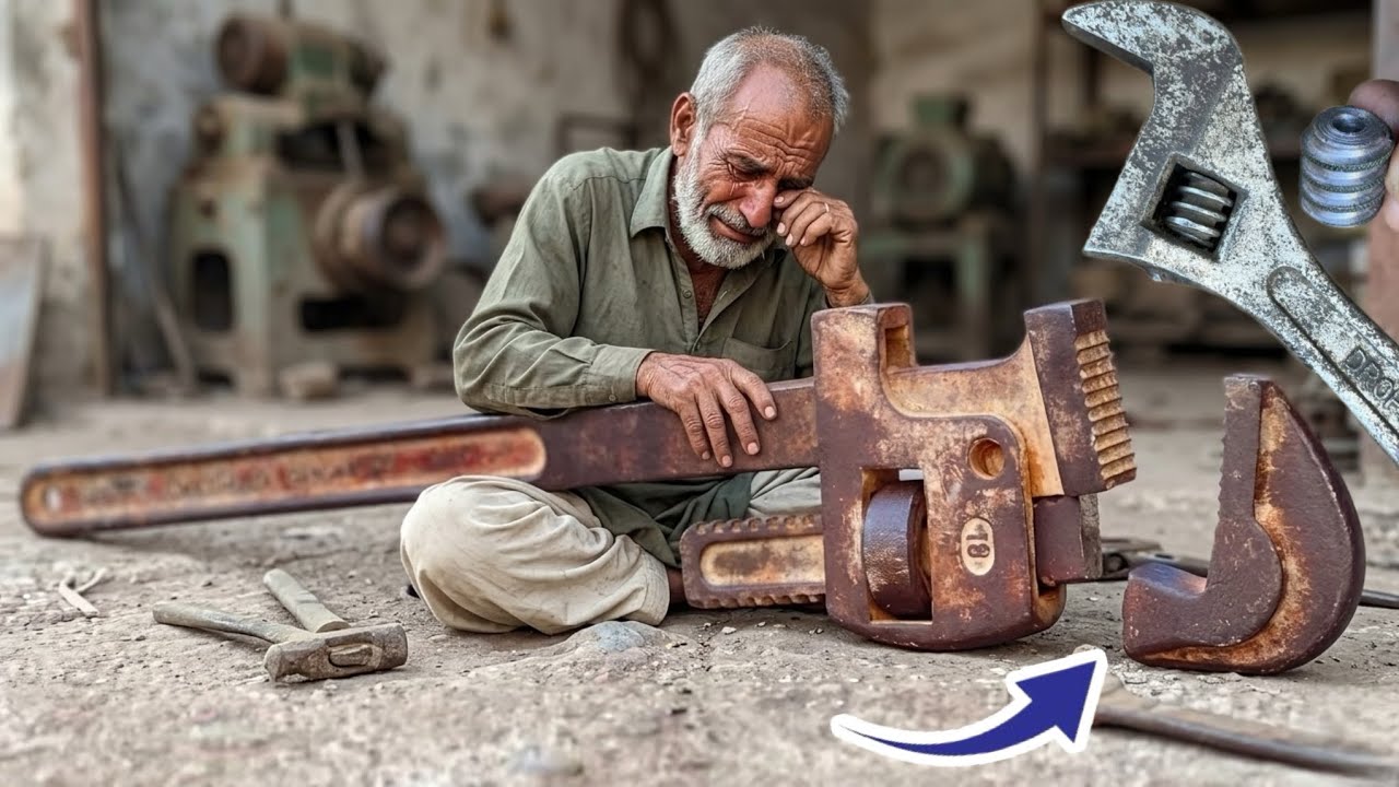 A clever mechanic fixed a broken pipe wrench and screw wrench with the help of an iron sheet.