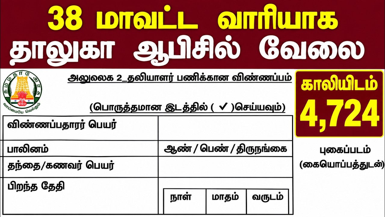 4,724 Vacancy🚂தாலுகா ஆபீஸ் வேலை 🔥தேர்வு இல்லாமல்  | No Exam, No Fees 🤠 Taluk Office Recruitment 2026