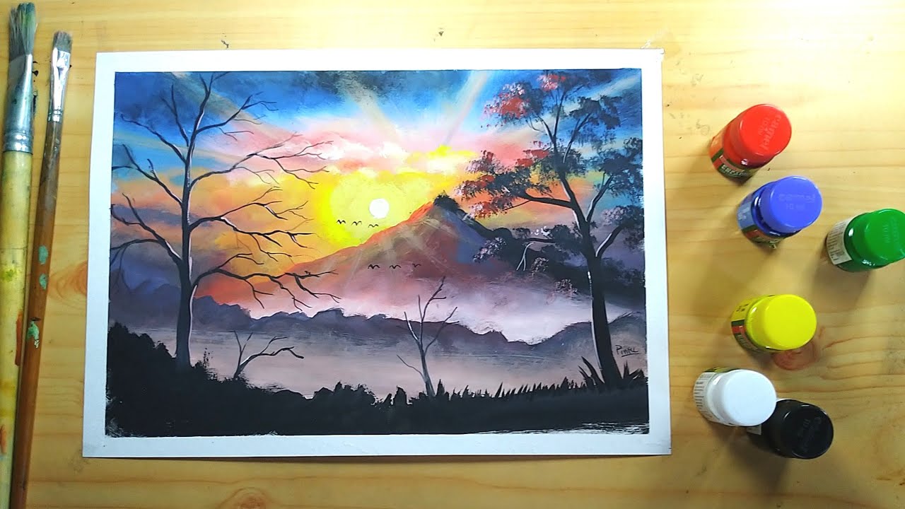 How to draw a simple scenery - Sunset - with poster colour