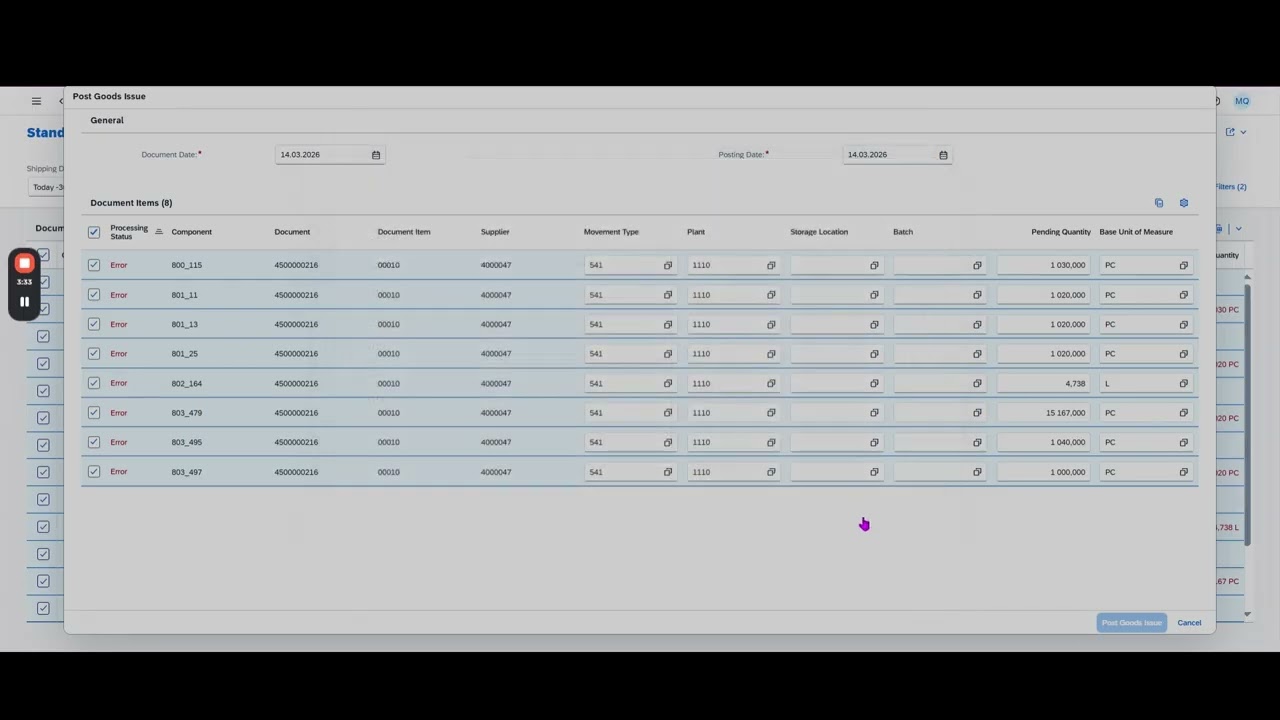 Transfert de composants vers le stock de sous traitance SAP Cloud ERP (ME2ON)