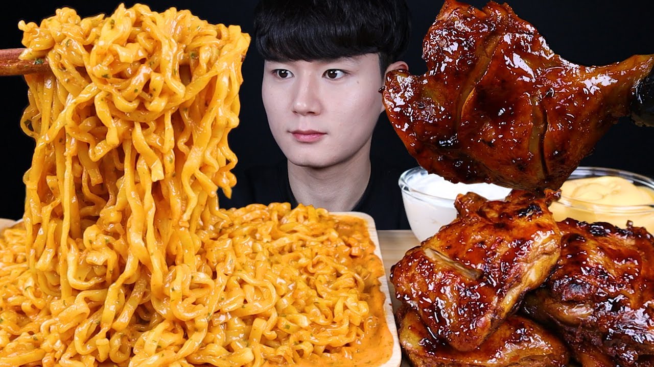 까르보 불닭볶음면 자메이카통다리 치킨 먹방ASMR MUKBANG SPICY FIRE NOODLES & BBQ CHICKEN 辛いラーメン 辛いチキン eating sounds