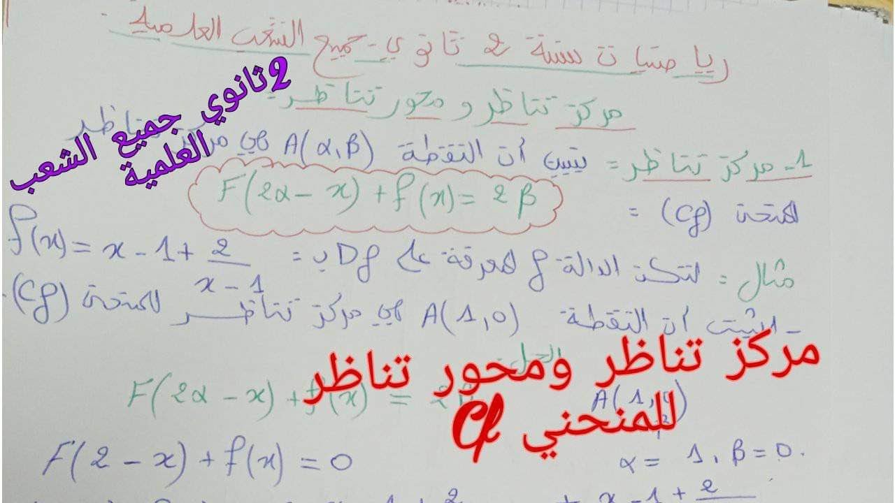 مركز تناظر ومحور تناظر للمنحني ،رياضيات سنة ثانية ثانوي جميع الشعب العلمية
