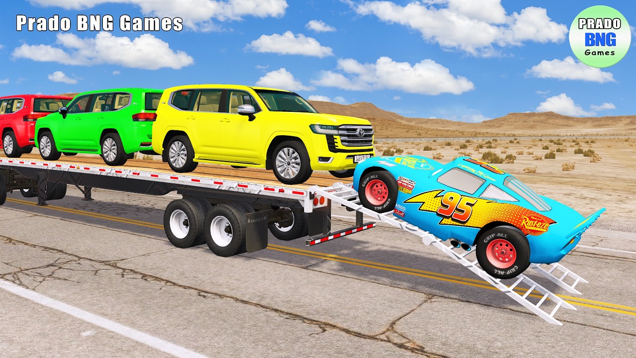 Toyota, Mercedes, трактор и грузовик с платформой против поезда – BeamNG.drive 449