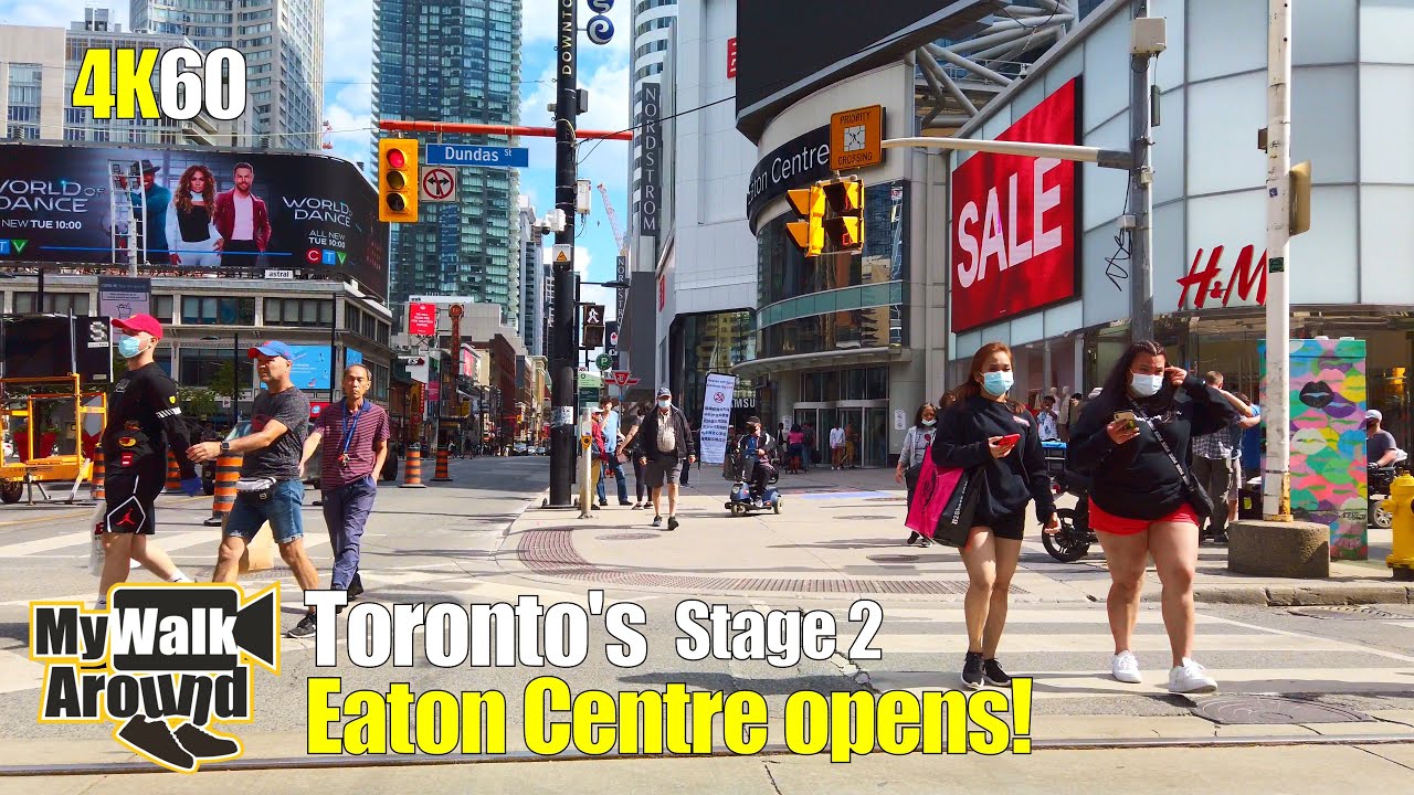 Downtown Toronto Stage 2 Eaton Centre opening day walk June 24 2020 & street walk during sunny day!