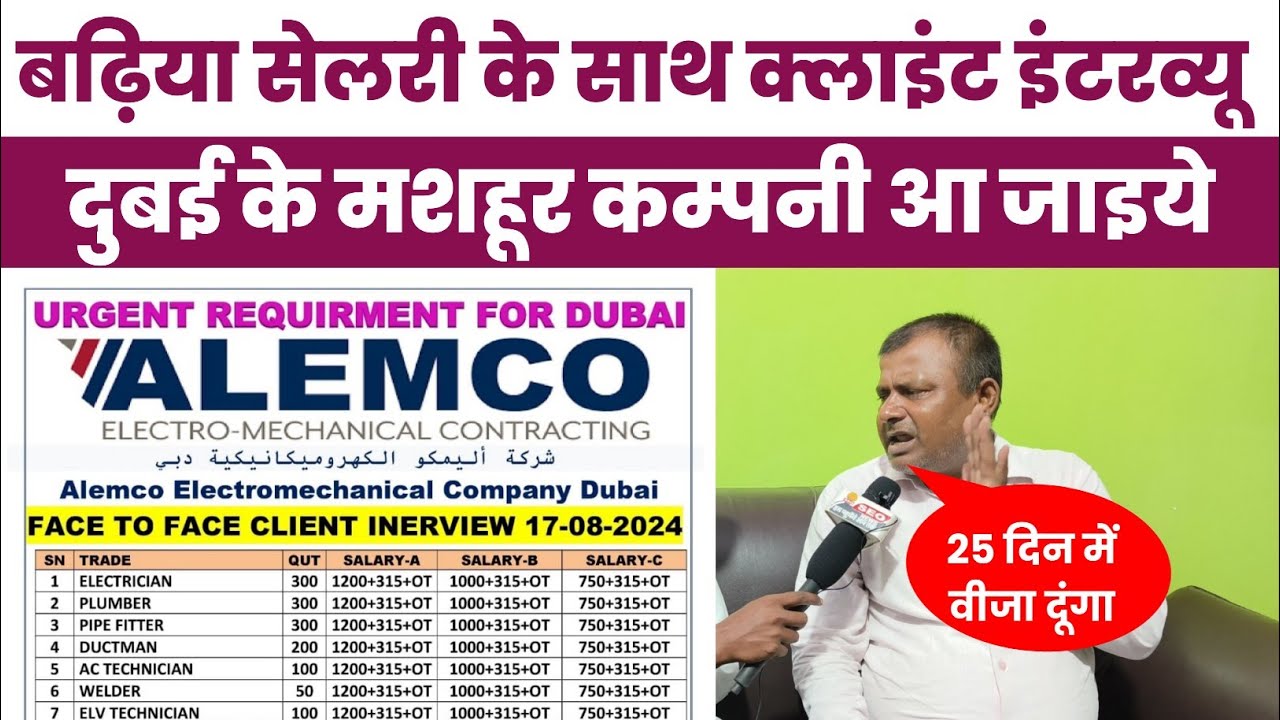 दुबई की मशहूर कम्पनी ALEMCO का इंटव्यू चलने वाला है भारी मात्रा में वर्कर चाहिए