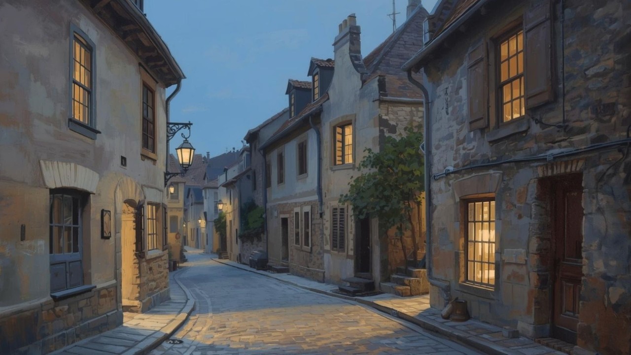 French Village Street At Dusk Cozy Moody Vintage Painting | Frame TV Art | 2-Hour Screensaver