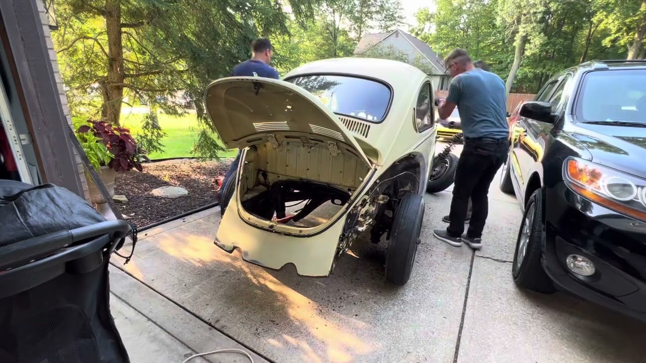 Frankenstein 71 VW super beetle body removed from floor pan.