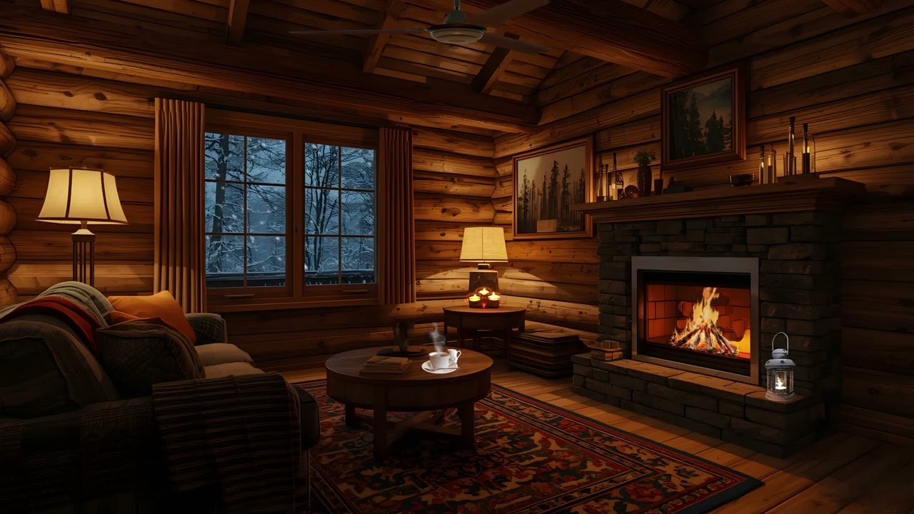 Warm Wooden Cabin Living Room | Fireplace Ambience & Soft Jazz Music at Night