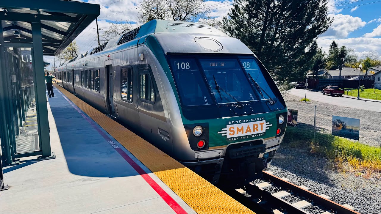 SMART TRAIN departing from the new Windsor station to Larkspur.