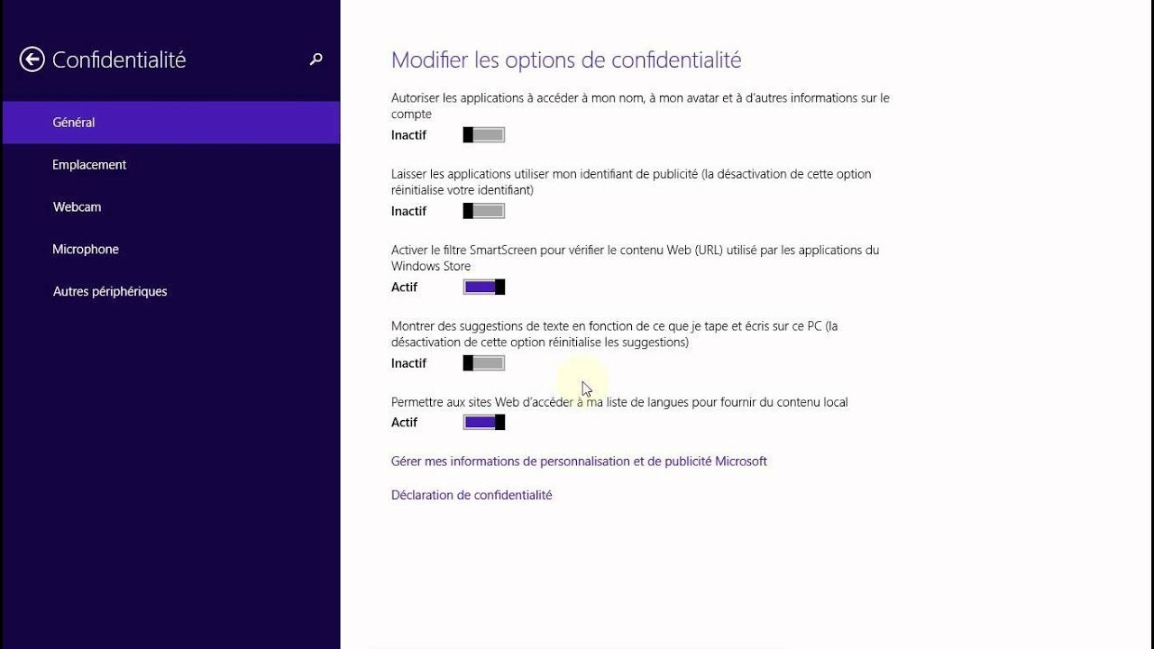 Windows 8 Gérer les paramètres de confidentialité