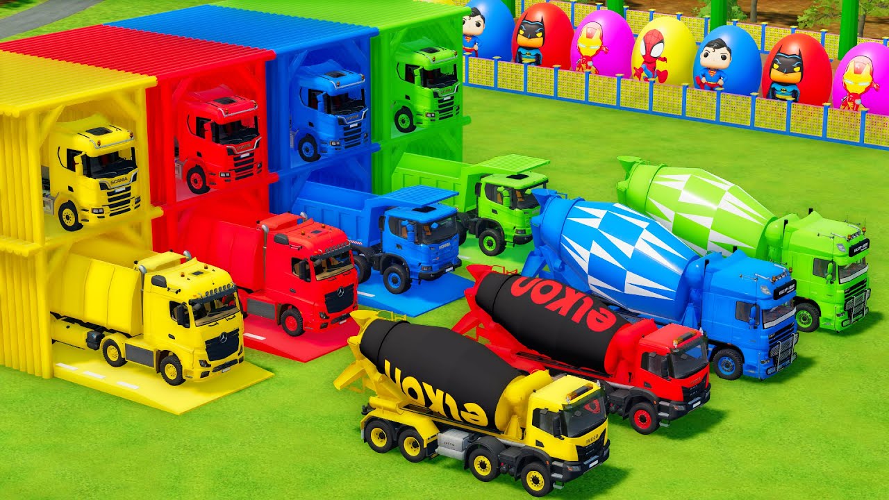 Garage with Colors - ALL MIXER TRUCK WITH DOUBLE FLATBED TRAILER TRUCK, MERCEDES, SCANIA, IVECO, DAF