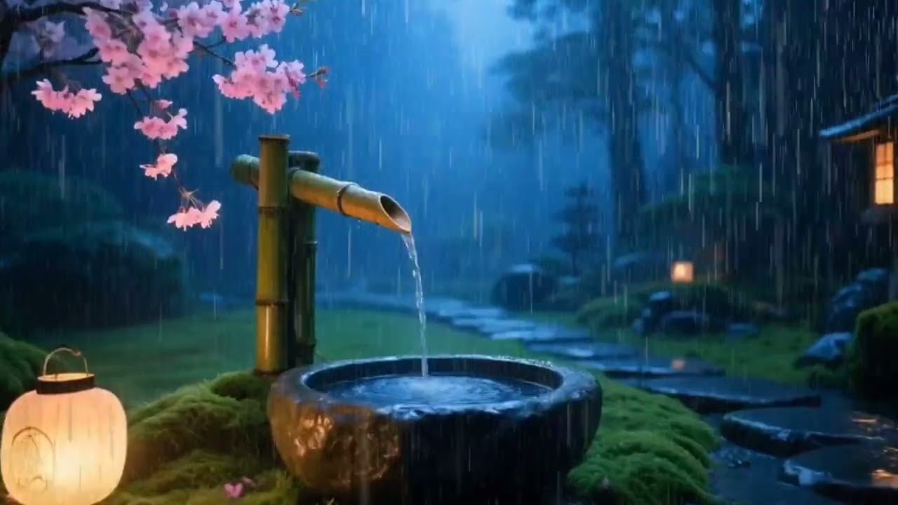 Tranquil Rain and Soft Piano in a Zen Garden at Night | Restful Sleep