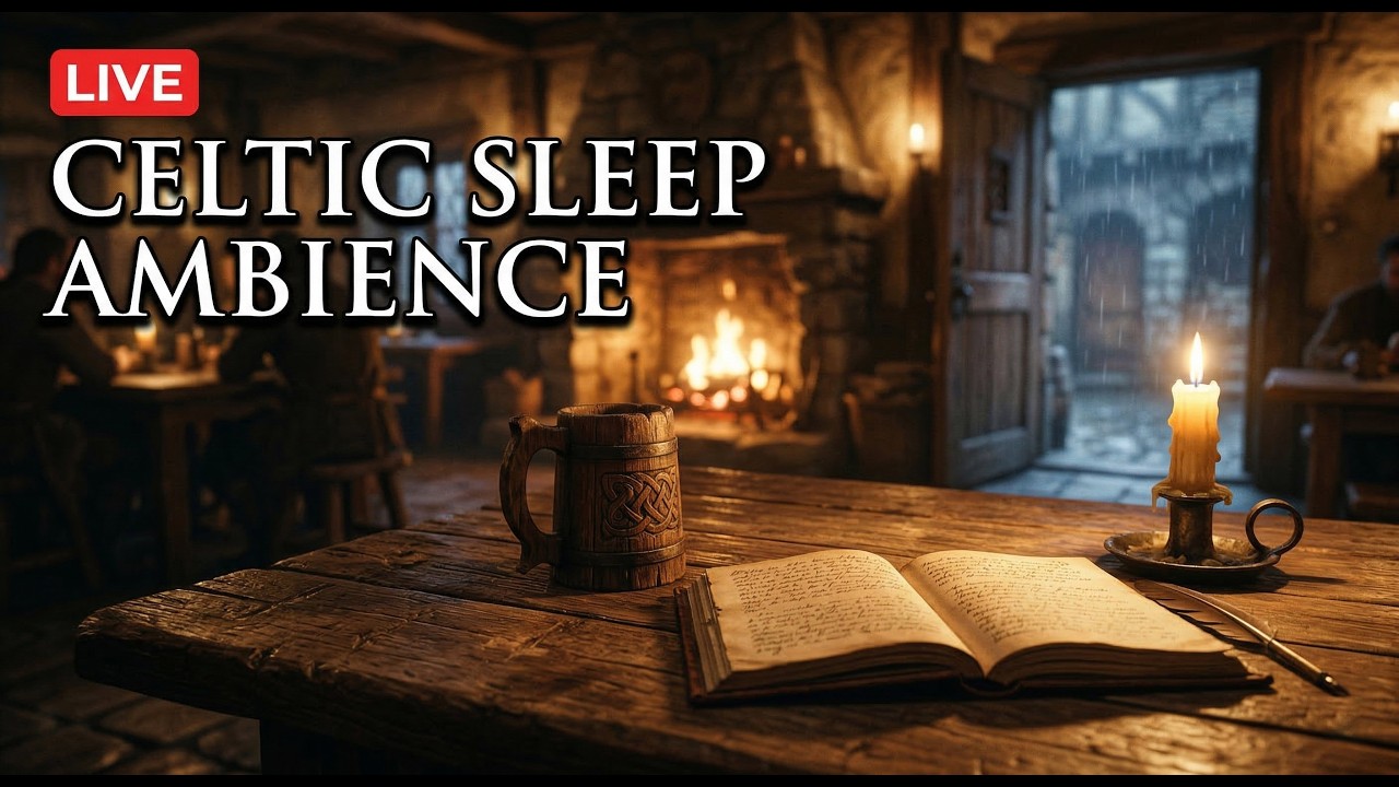 🔴 LIVE: Deep Sleep & Relaxation • Cozy Celtic Tavern with Rain & Fire