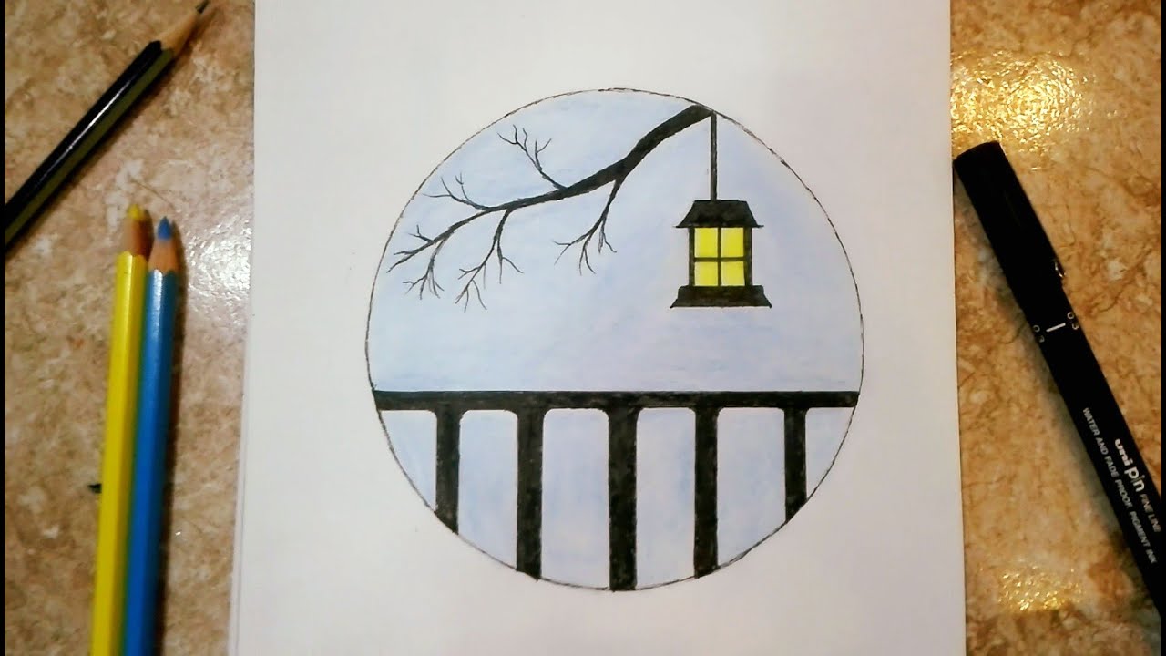 How to draw a scenery in a circle | easy drawing | step-by-step