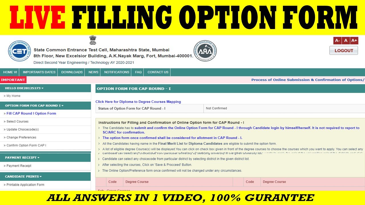 DSE Live CAP Round 1 Option Form Filling 2020-21 | Direct Second Year Engineering Admission 2020