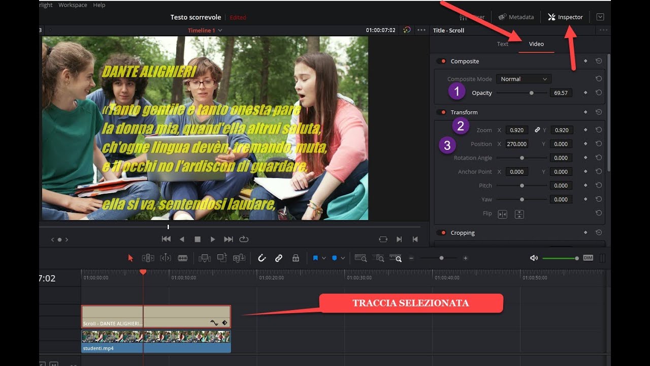 Aggiungere testo sovrimpresso ai video che scorre dal basso in alto con DaVinci Resolve