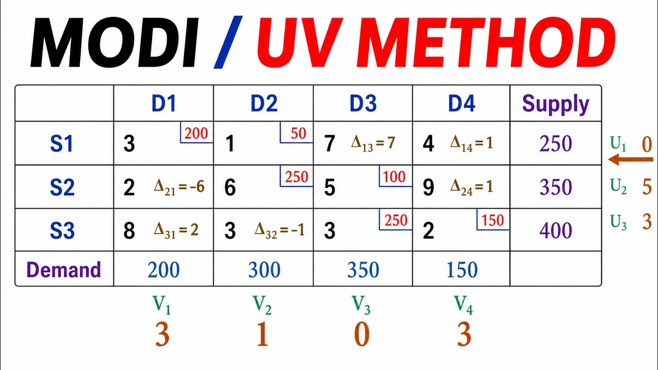 MODI Method : UV Method #transportation #MODIMethod