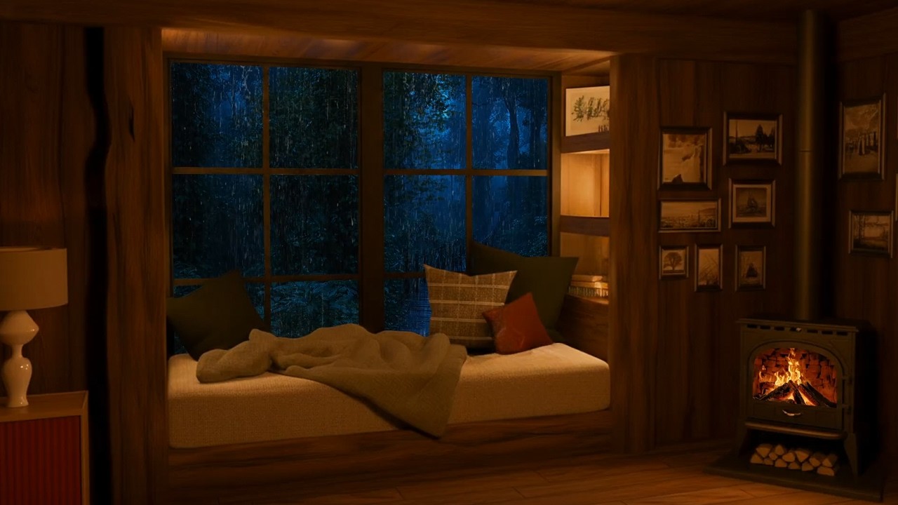 Ad-Free 🌧️🔥 COZY SHELTER | Heavy Rain on Roof & Crackling Fireplace in a Quiet Cabin (Pure Nature)