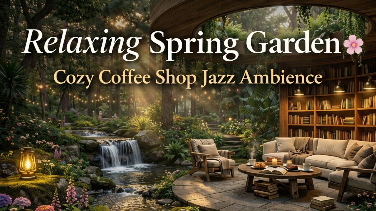 Cozy March Spring 🌼 Garden Coffee Shop  Porch Ambience Soft Jazz Instrumental Music for Work, relax