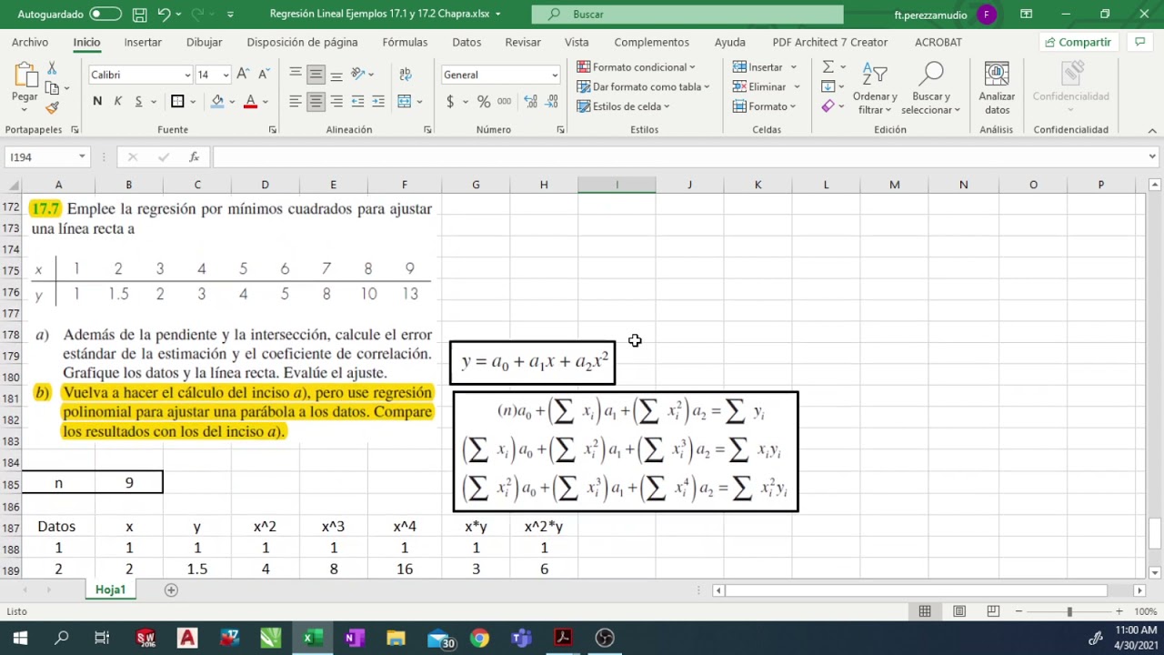Regresión por Mínimos Cuadrados. REGRESIÓN POLINOMIAL. Ajuste de una Parábola a unos datos. Ejemplo.